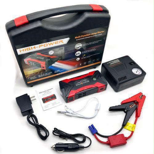 High-power jump starter kit with case, battery, cables, and accessories on a white background