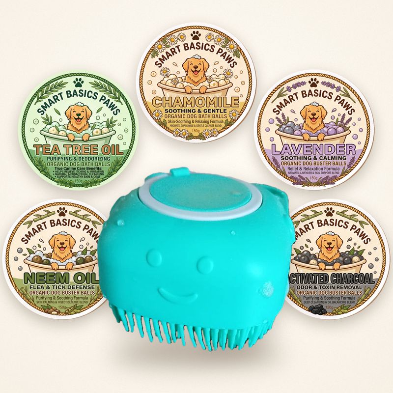 The Smarty-Paws Scrubber with all five soap-ball formulas