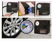 Collage of a portable air compressor being used on a tire with a pressure gauge.
