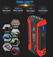 Red and black power bank with specifications on a dark background