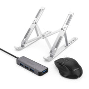 Smart Basics WINX Ergo Home Office Bundle | WINX Foldable Laptop Stand, Essential Wireless Mouse, and 4-Port USB Hub Bundle