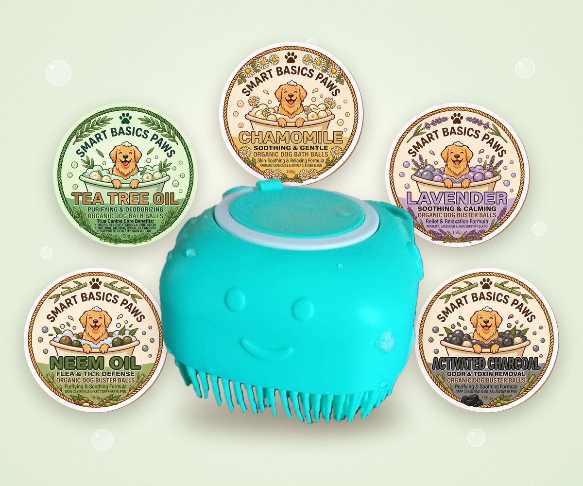 The teal Smarty-Paws Scrubber surrounded by the five soap-ball formulas: tea tree, chamomile, lavender, neem and activated charcoal