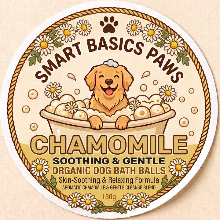 Chamomile organic dog bath balls label